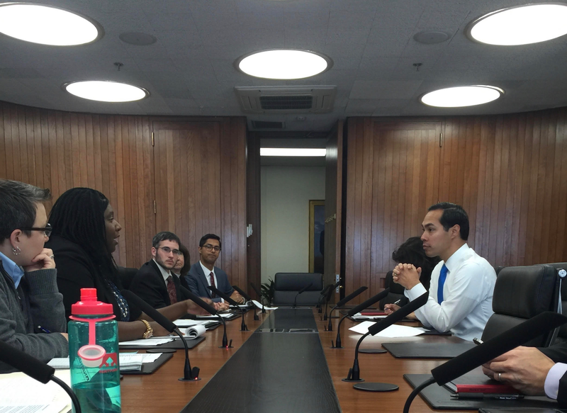 Maya Rupert, on the left, speaking to then-HUD Secretary Julian Castro in their first meeting about the rule that would allow transgender people to enter shelters under their proper genders, November 2015